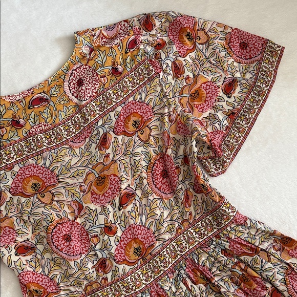 ba&sh | Valia Floral Print Short Sleeve Boho Mini Dress 1E22VALI Ocre (XS 2) - Picture 13 of 16